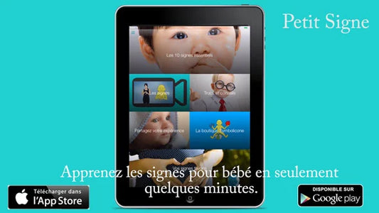 Tablette présentant l'application Petit Signe avec les badges App Store et Google Play
