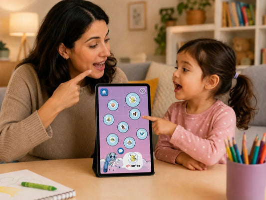 Parent accompagnant un jeune enfant dans un jeu de prononciation sur l'application OrthoPhono de Symbolicone.