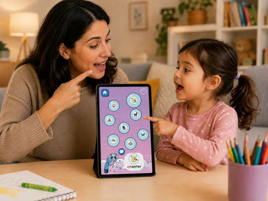 Parent guiding a young child through a pronunciation game on Symbolicone's OrthoPhono app.