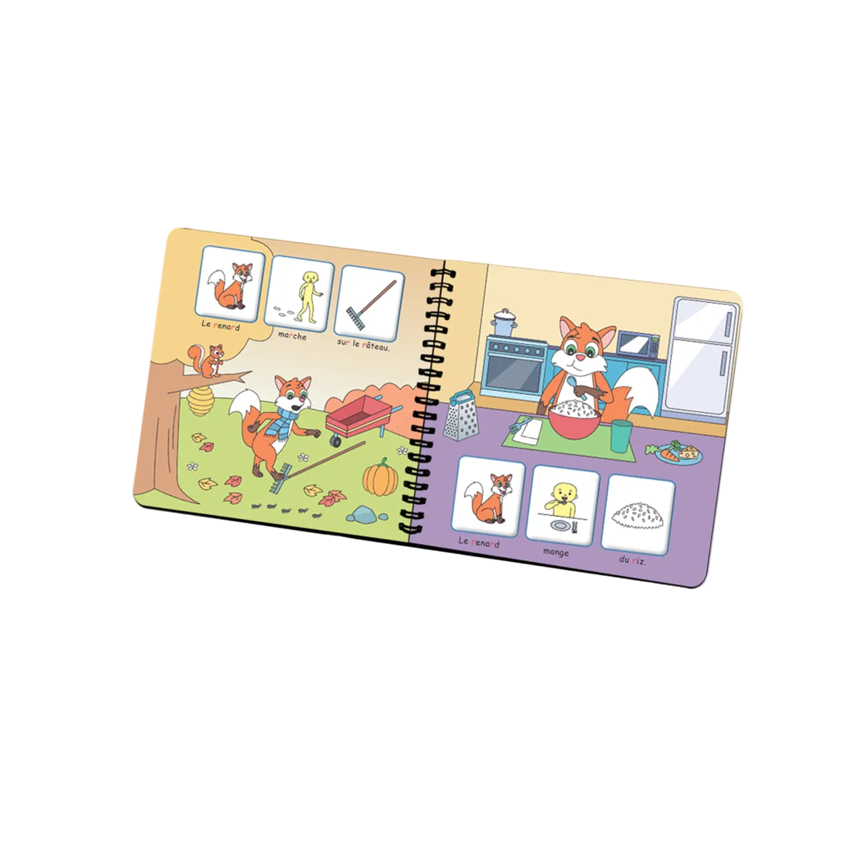 Livret en spirale ouvert de « Je prononce le son [r] avec le renard » : pages illustrées avec pictogrammes