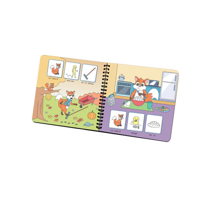 Livret en spirale ouvert de « Je prononce le son [r] avec le renard » : pages illustrées avec pictogrammes