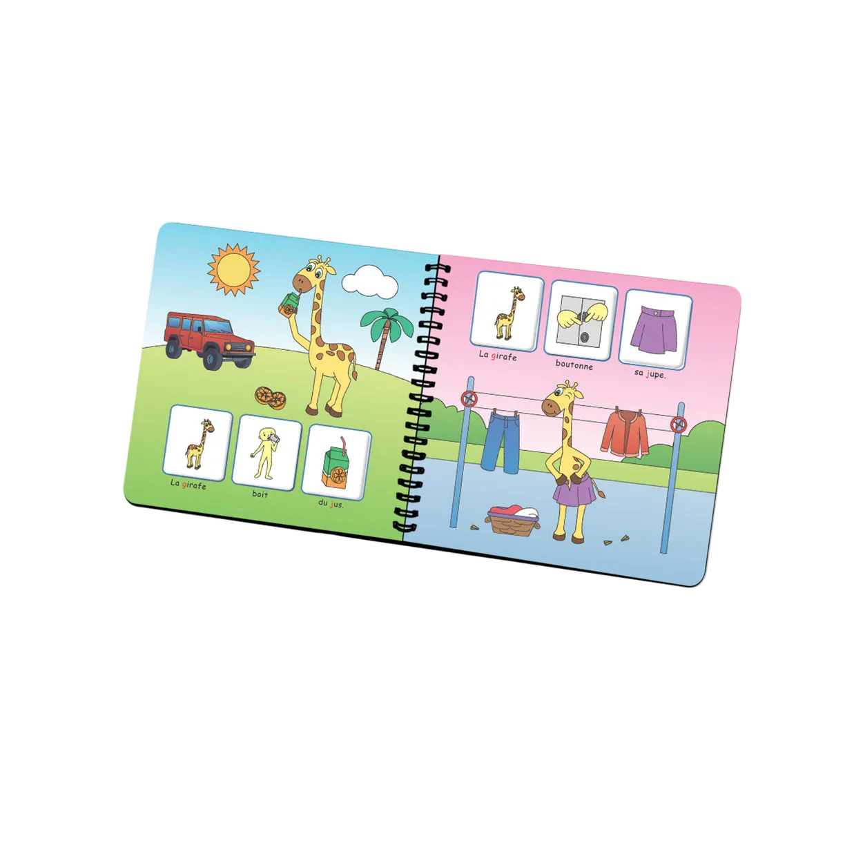 Livret en spirale ouvert de « Je prononce le son /J/ avec la girafe » : pages illustrées avec pictogrammes