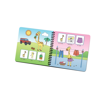 Livret en spirale ouvert de « Je prononce le son /J/ avec la girafe » : pages illustrées avec pictogrammes
