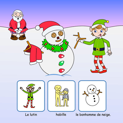 Page illustrée : le lutin habille le bonhomme de neige, avec la phrase en pictogrammes