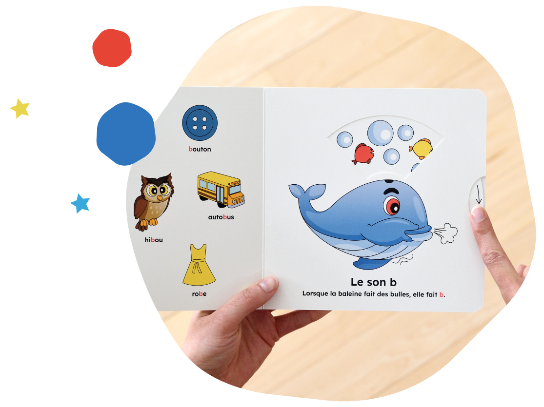 Livres à mécanismes book open at the page « Le son b »: a blue whale blowing bubbles