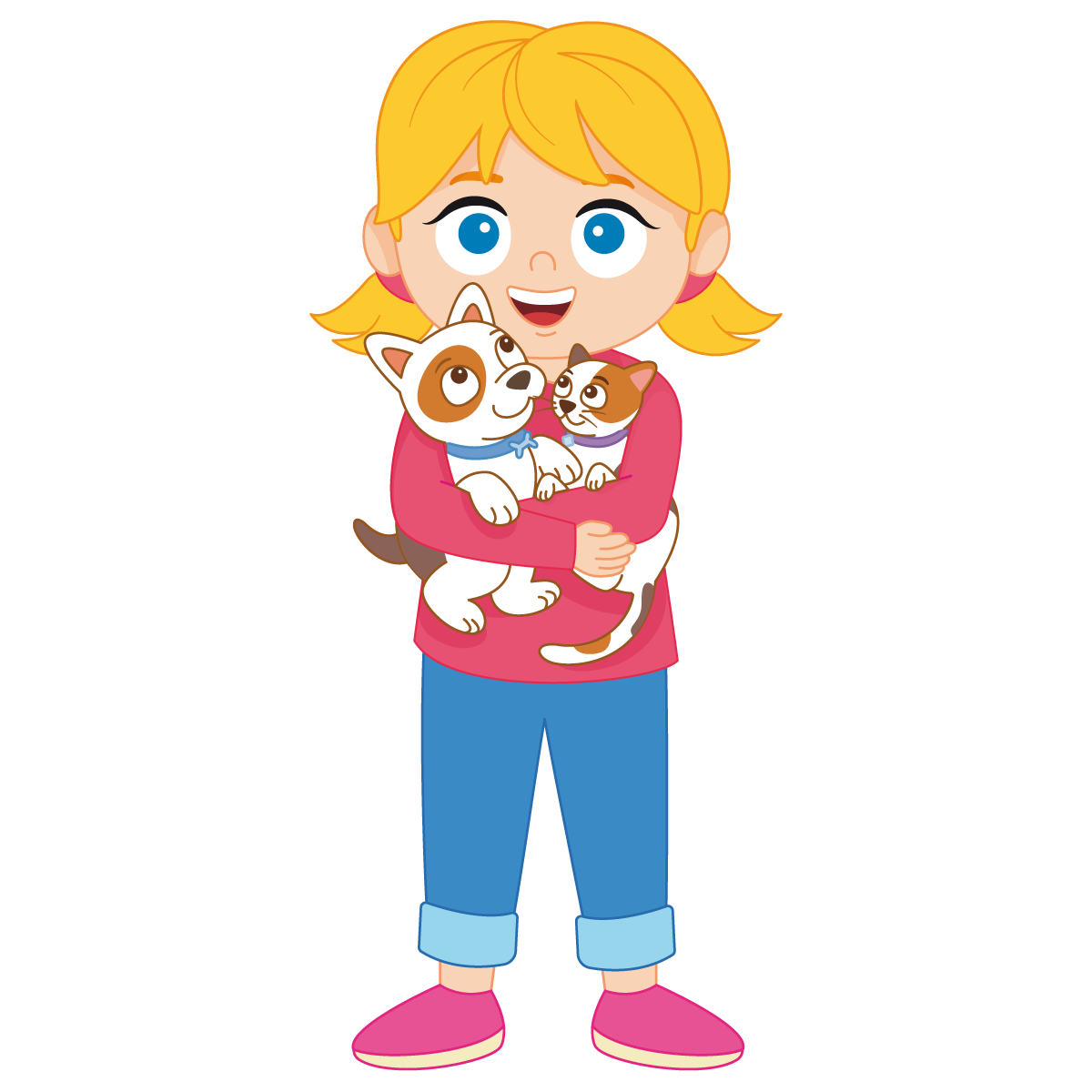 Charlotte, fillette blonde en chandail rose, tient un chiot et un chaton dans ses bras