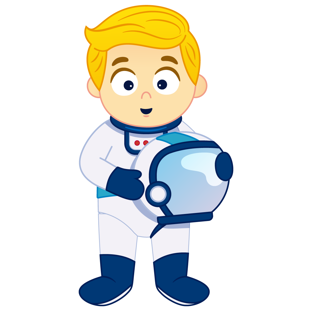 Noah, petit astronaute blond tenant son casque spatial