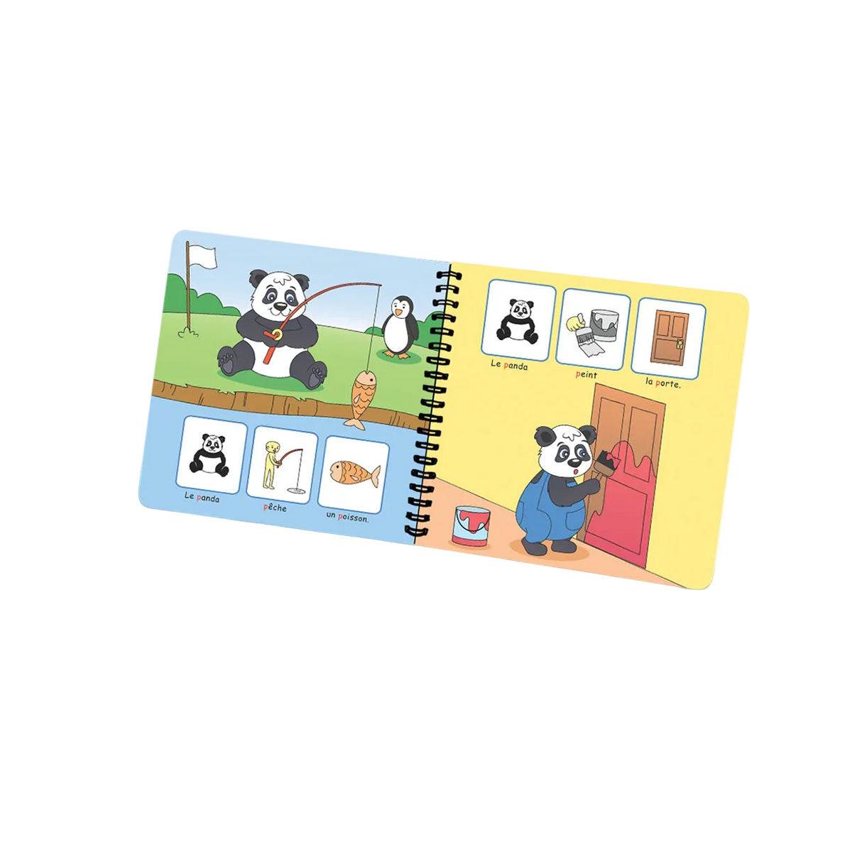 Livret en spirale ouvert de « Je prononce le son [p] avec le panda » : pages illustrées avec pictogrammes