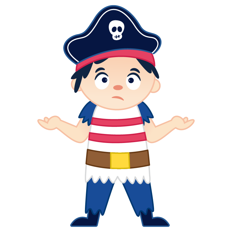 Paul, petit garçon déguisé en pirate, hausse les épaules d'un air perplexe