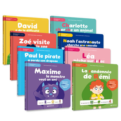 Les 8 livres à trous du coffret Pro : David, Zoé, Paul, Maxime, Léa, Rémi, Noah et Charlotte