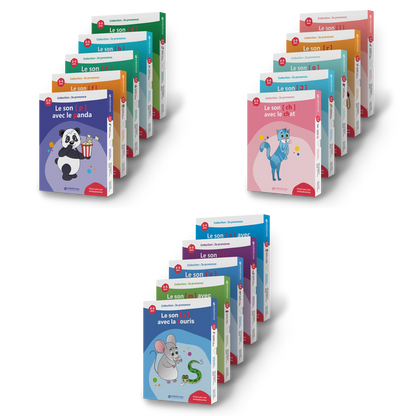 Les 15 boîtes de la collection « Je prononce », en trois éventails
