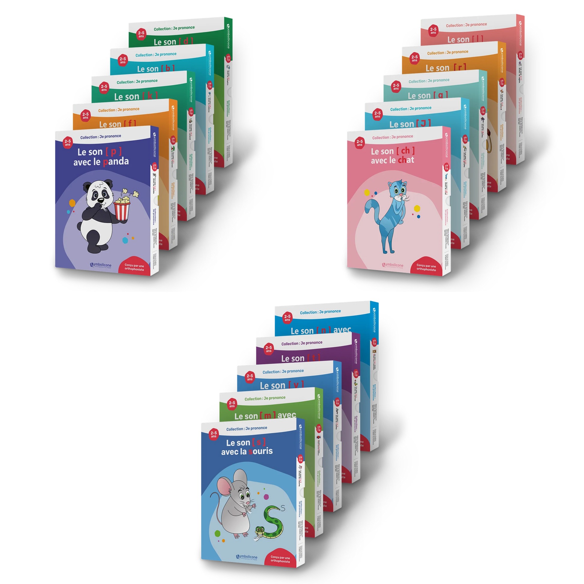 Les 15 boîtes de la collection « Je prononce », en trois éventails