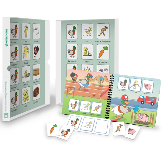 Open metal tin of « Je prononce le son [k] avec le canard »: spiral booklet and magnetic pieces