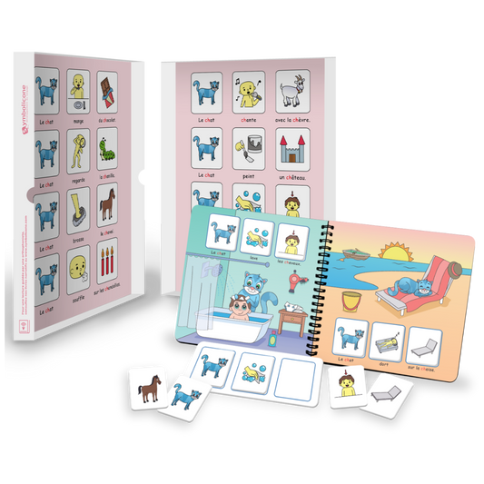 Open metal tin of « Je prononce le son [ch] avec le chat »: spiral booklet and magnetic pieces