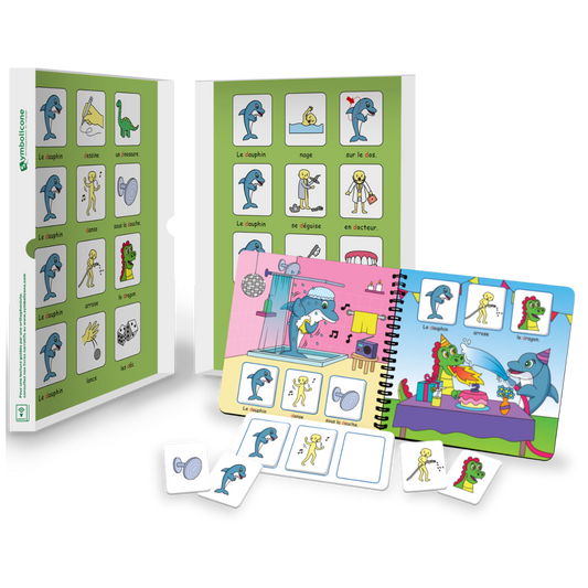 Open metal tin of « Je prononce le son [d] avec le dauphin »: spiral booklet and magnetic pieces