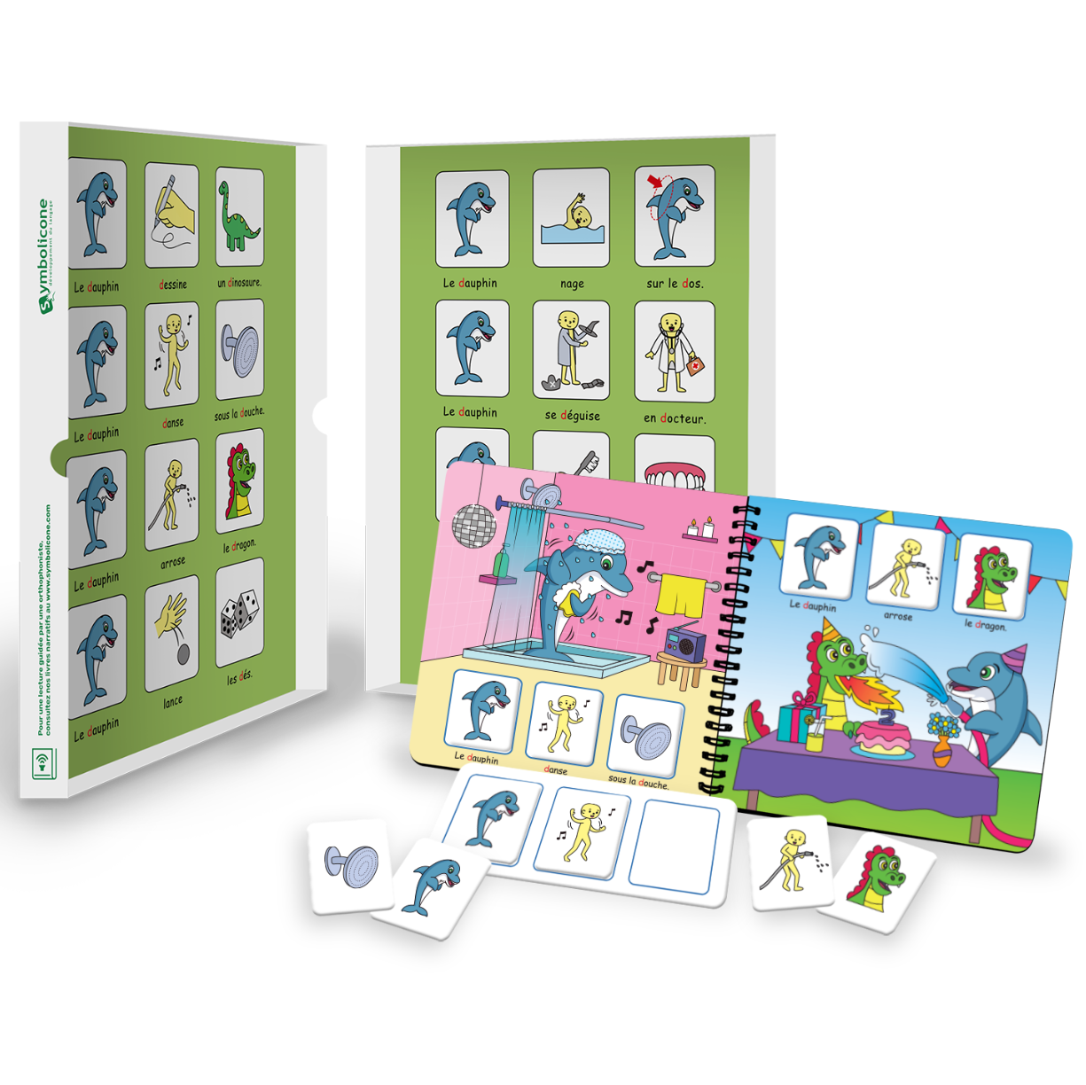 Boîte métallique ouverte d’un livre magnétique du coffret : livret en spirale et pièces