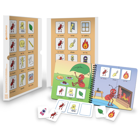 Open metal tin of « Je prononce le son [f] avec la fourmi »: spiral booklet and magnetic pieces