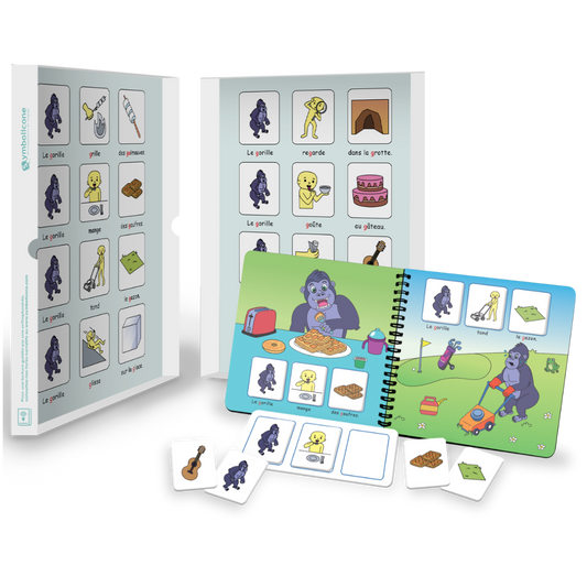 Open metal tin of « Je prononce le son [g] avec le gorille »: spiral booklet and magnetic pieces