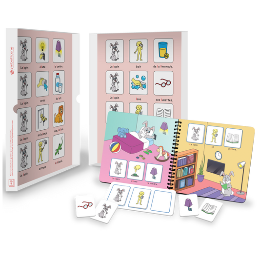 Open metal tin of « Je prononce le son [l] avec le lapin »: spiral booklet and magnetic pieces