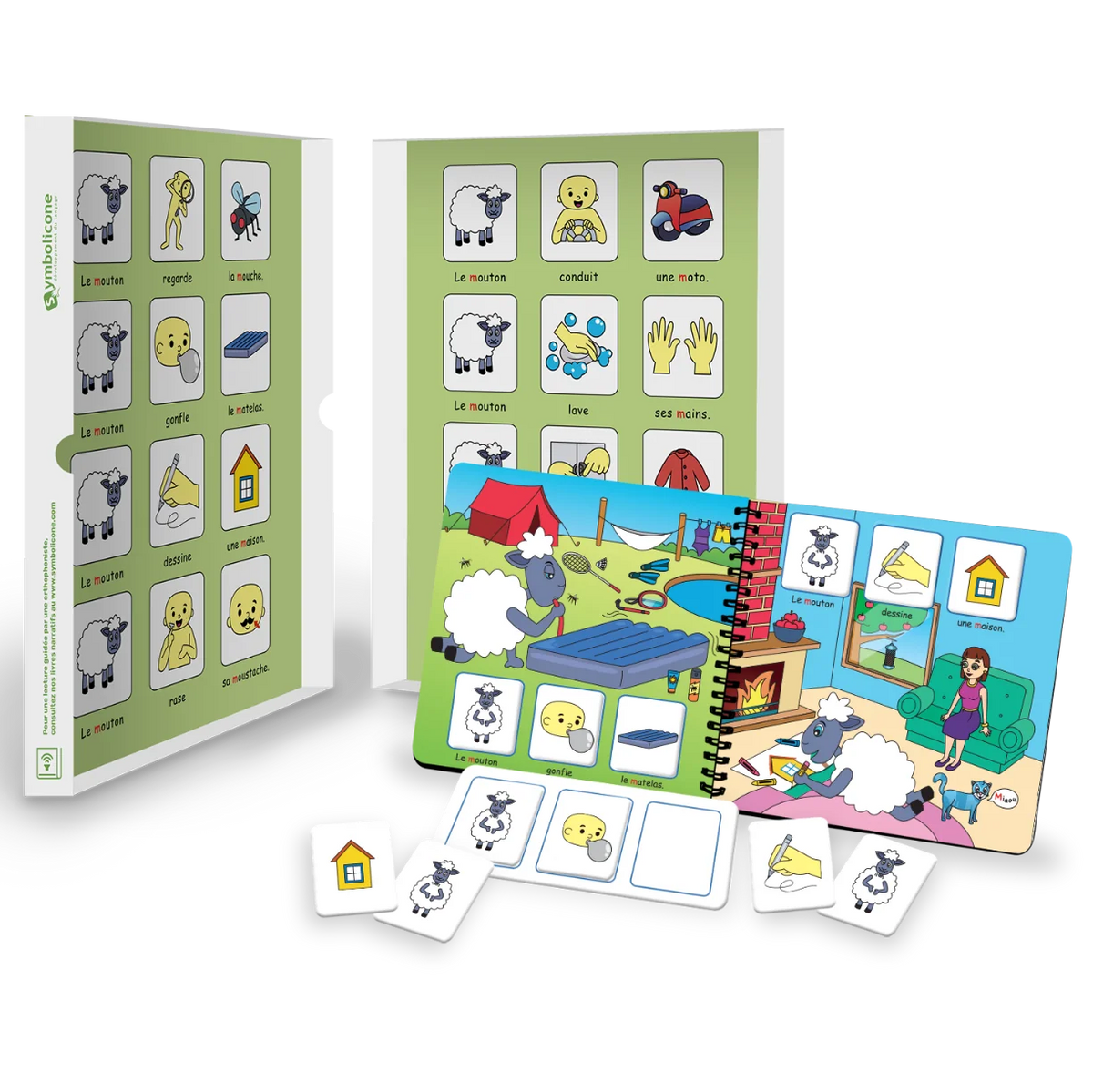 Boîte métallique ouverte d’un livre magnétique du coffret : livret en spirale et pièces