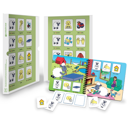 Boîte métallique ouverte d’un livre magnétique du coffret : livret en spirale et pièces