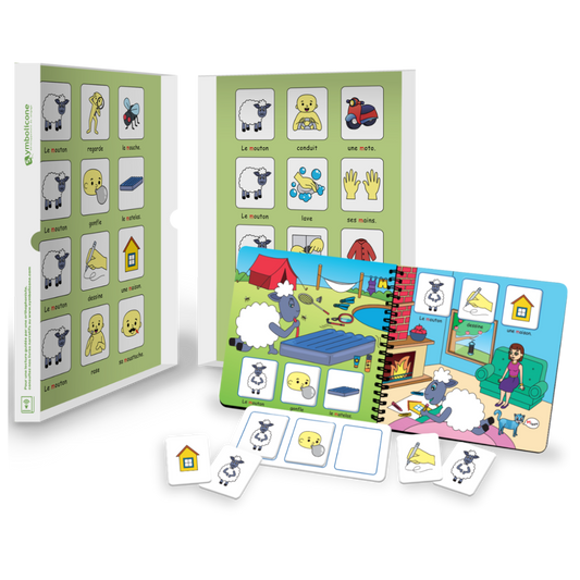 Open metal tin of « Je prononce le son [m] avec Moumou le mouton »: spiral booklet and magnetic pieces