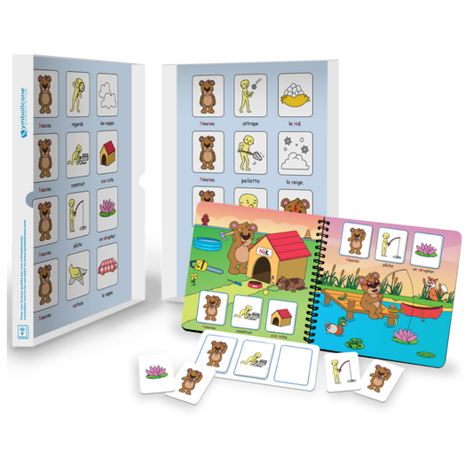 Open metal tin of « Je prononce le son [n] avec Nounou l'ourson »: spiral booklet and magnetic pieces