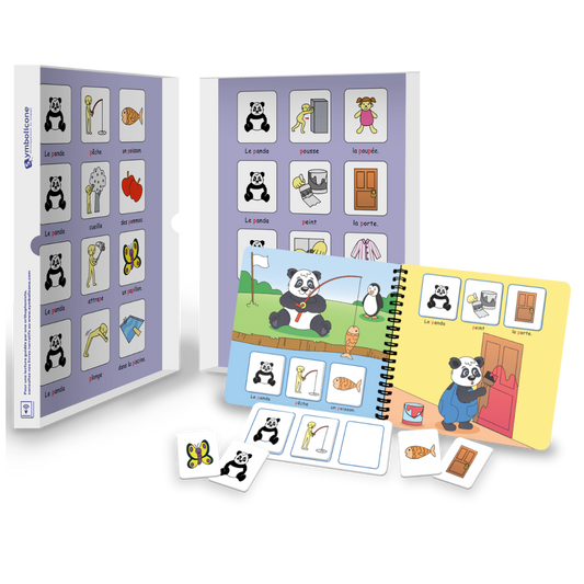 Open metal tin of « Je prononce le son [p] avec le panda »: spiral booklet and magnetic pieces