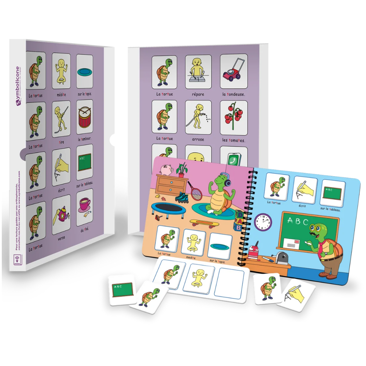 Boîte métallique ouverte d’un livre magnétique du coffret : livret en spirale et pièces