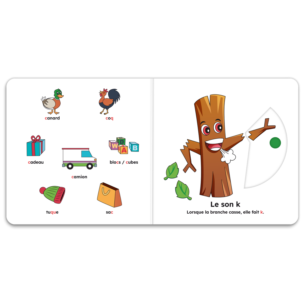 Pages intérieures de « J’apprends les sons (k, g, â, an, un) » : mécanismes interactifs et pictogrammes