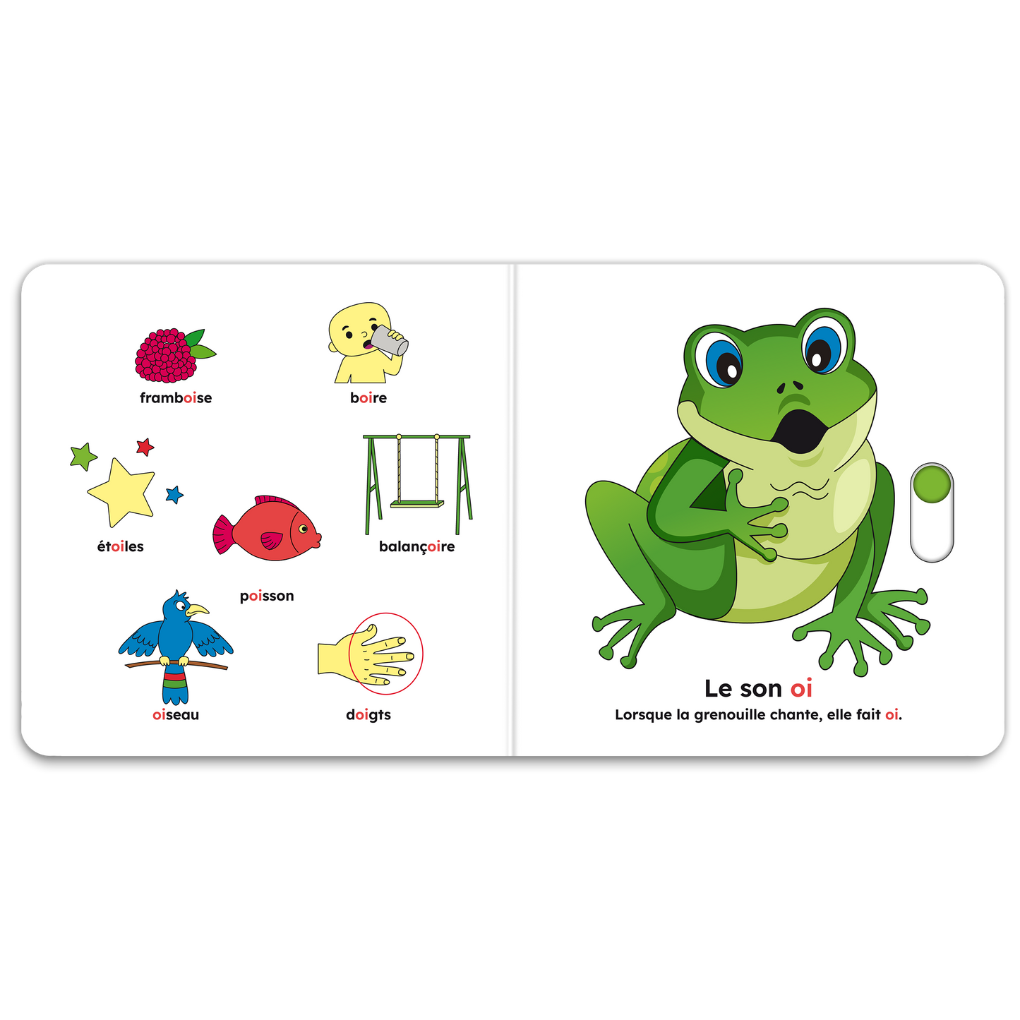 Pages intérieures de « J’apprends les sons pour parler (gn, oi, ui, ill, e) » : mécanismes interactifs et pictogrammes