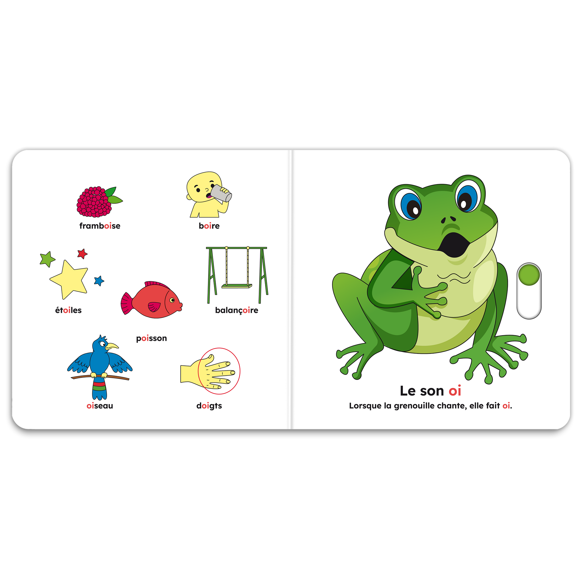 Pages intérieures de « J’apprends les sons pour parler (gn, oi, ui, ill, e) » : mécanismes interactifs et pictogrammes