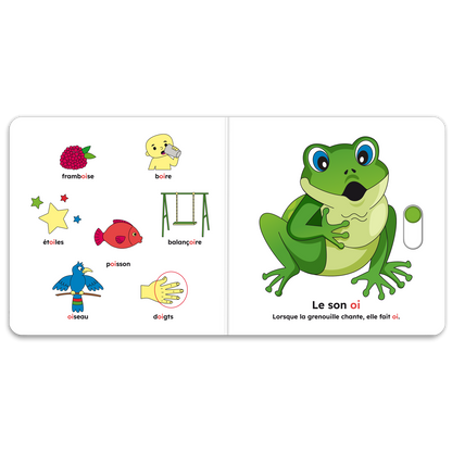 Pages intérieures de « J’apprends les sons pour parler (gn, oi, ui, ill, e) » : mécanismes interactifs et pictogrammes