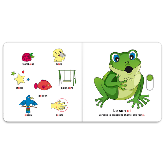 Pages intérieures de « J’apprends les sons pour parler (gn, oi, ui, ill, e) » : mécanismes interactifs et pictogrammes