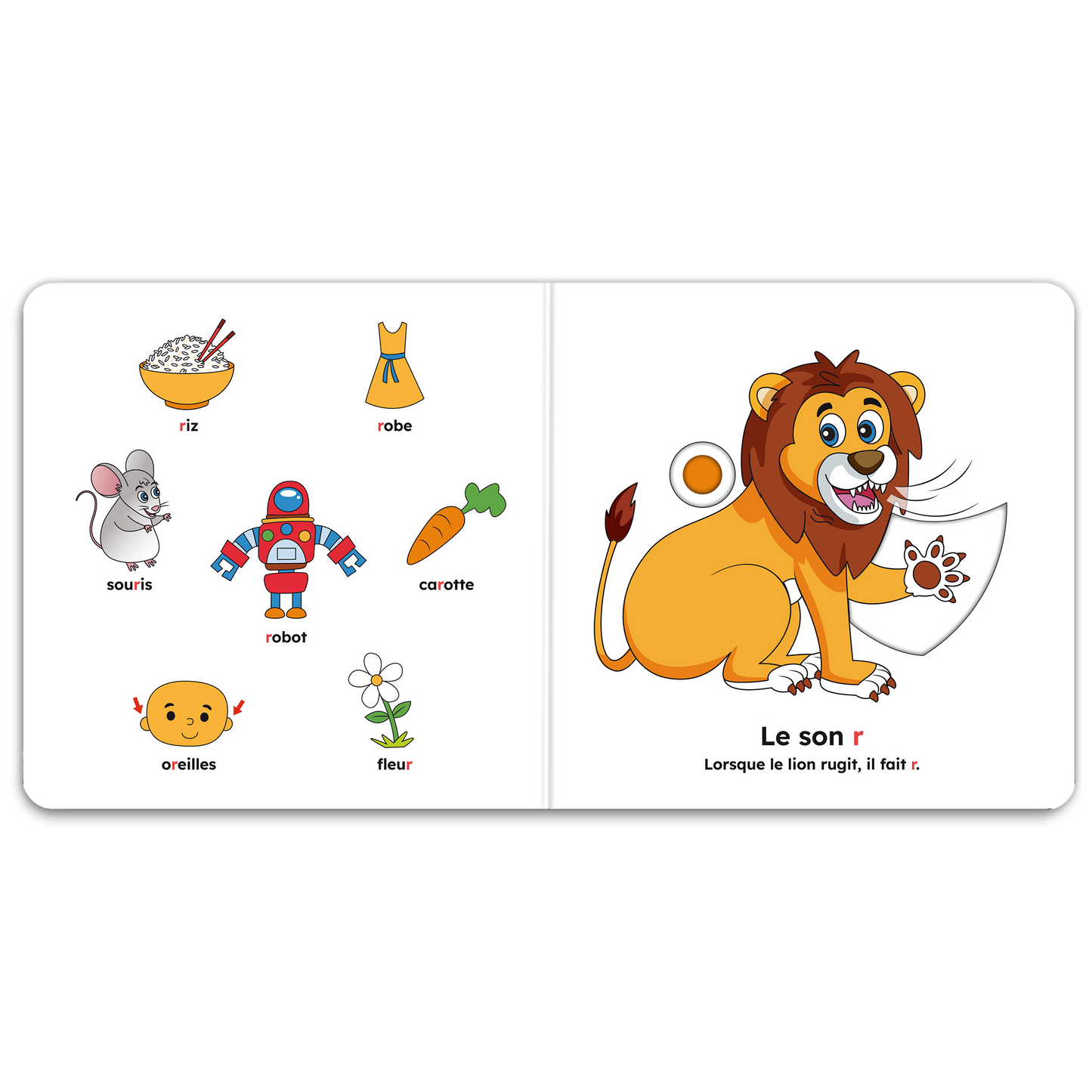 Pages intérieures de « J’apprends les sons pour parler (ch, j, r, on, o) » : mécanismes interactifs et pictogrammes