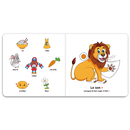 Pages intérieures de « J’apprends les sons pour parler (ch, j, r, on, o) » : mécanismes interactifs et pictogrammes