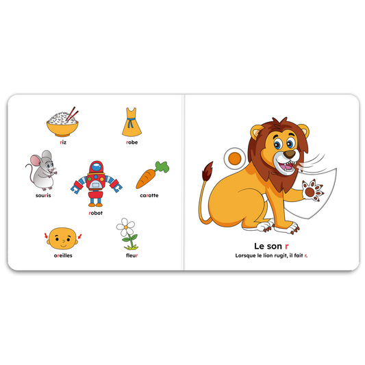 Pages intérieures de « J’apprends les sons pour parler (ch, j, r, on, o) » : mécanismes interactifs et pictogrammes