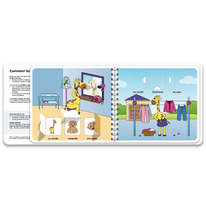 Pages intérieures du livre à rabats avec la girafe, inclus dans le coffret