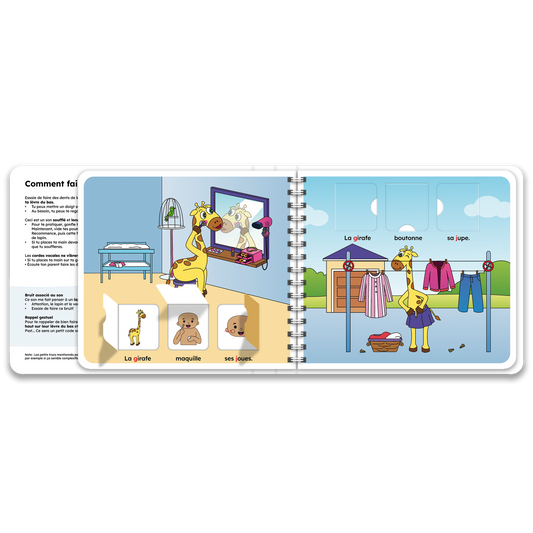 Pages intérieures du livre à rabats avec la girafe, inclus dans le coffret