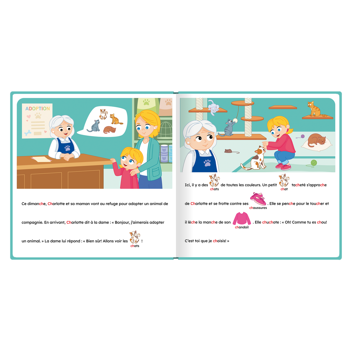 Pages intérieures illustrées de « Charlotte cherche un animal de compagnie », avec pictogrammes intégrés au texte