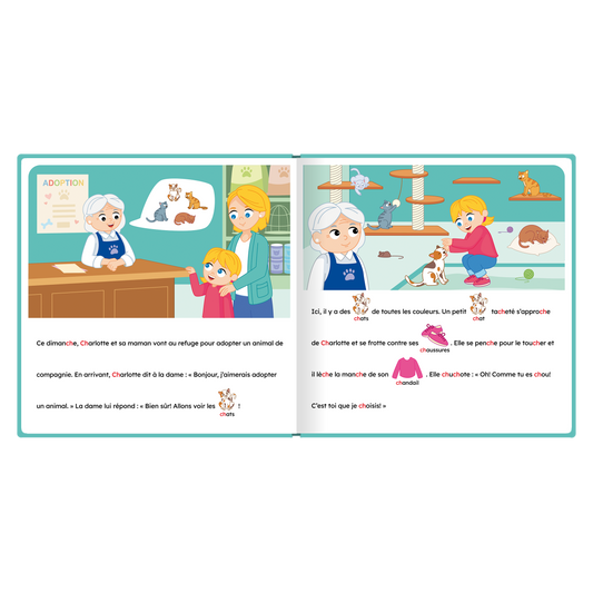 Pages intérieures illustrées de « Charlotte cherche un animal de compagnie », avec pictogrammes intégrés au texte