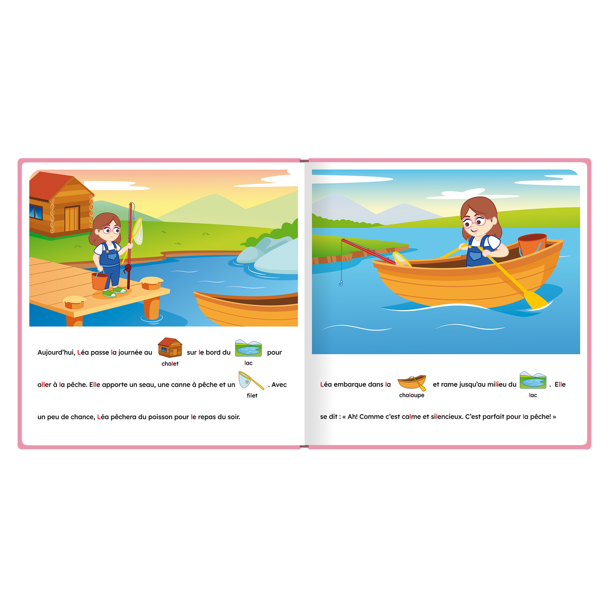 Pages intérieures illustrées de « Léa pêche sur le lac », avec pictogrammes intégrés au texte