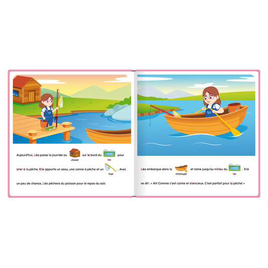 Pages intérieures illustrées de « Léa pêche sur le lac », avec pictogrammes intégrés au texte