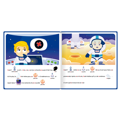 Pages intérieures illustrées de « Noah l'astronaute cherche une nouvelle planète », avec pictogrammes intégrés au texte