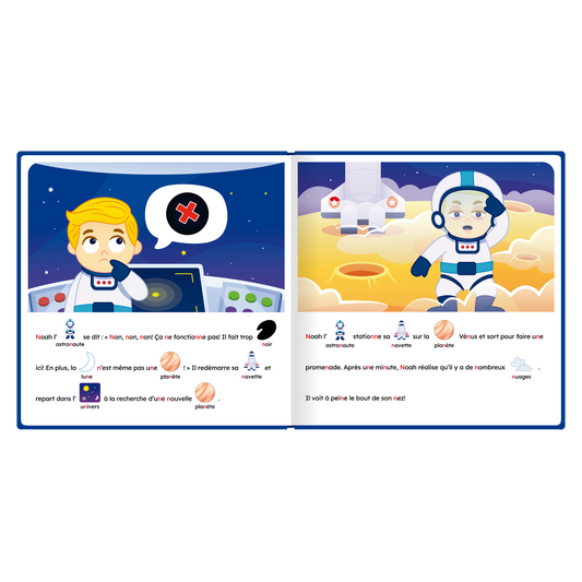 Pages intérieures illustrées de « Noah l'astronaute cherche une nouvelle planète », avec pictogrammes intégrés au texte