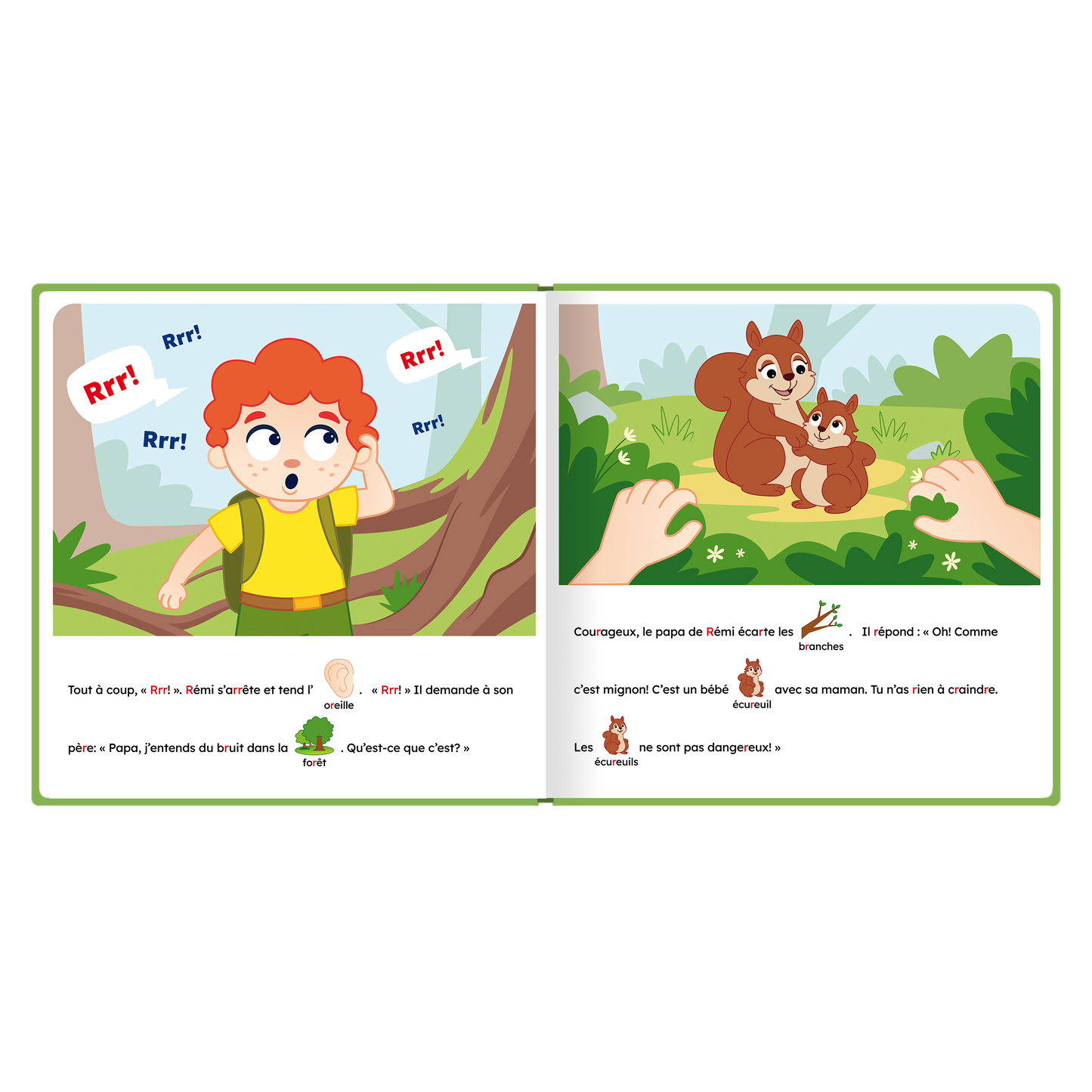 Pages intérieures illustrées de « La randonnée de Rémi », avec pictogrammes intégrés au texte