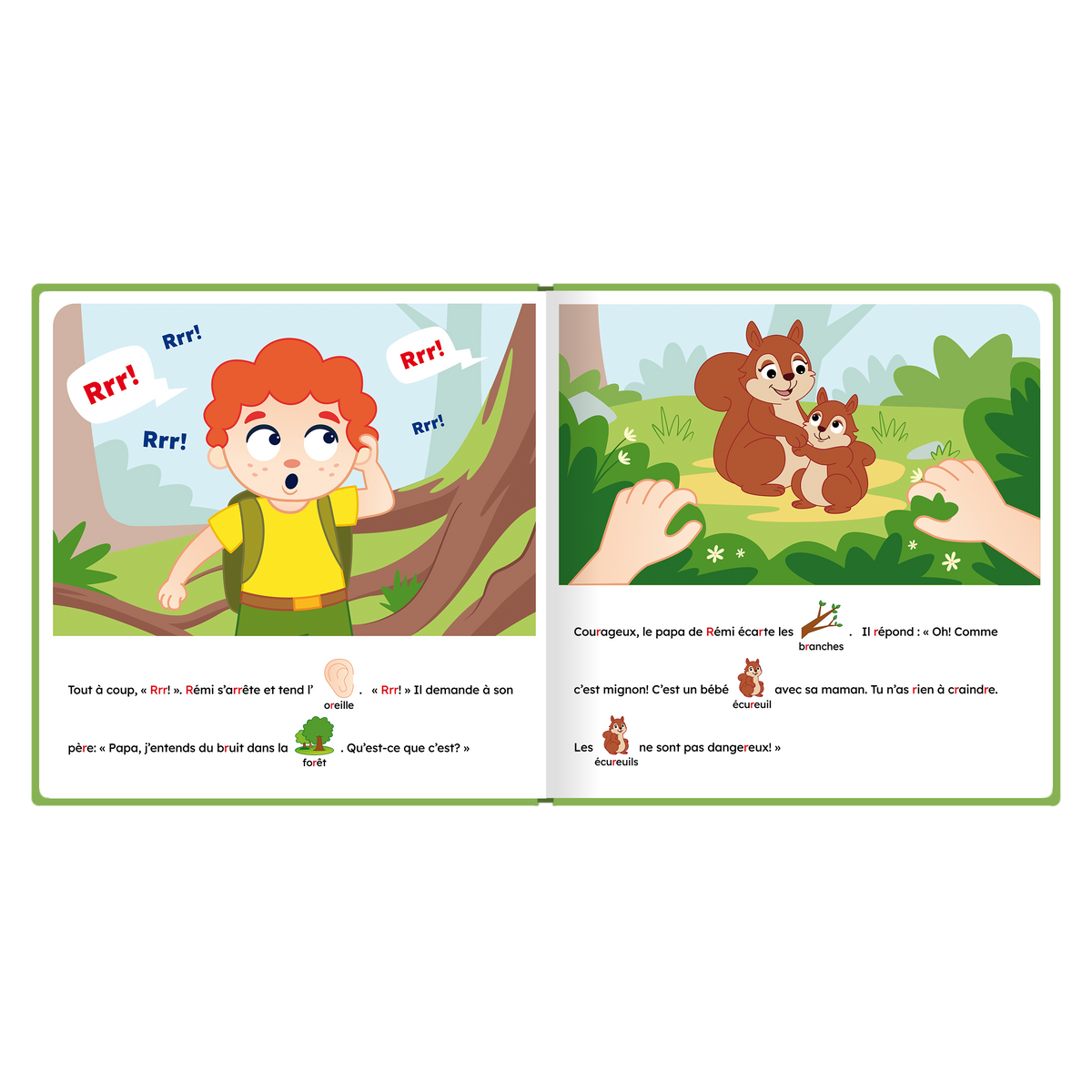 Pages intérieures illustrées de « La randonnée de Rémi », avec pictogrammes intégrés au texte