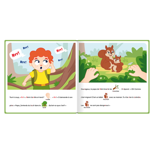 Pages intérieures illustrées de « La randonnée de Rémi », avec pictogrammes intégrés au texte