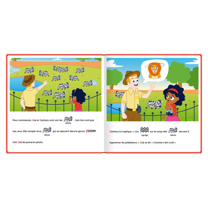 Pages intérieures illustrées de « Zoé visite le zoo », avec pictogrammes intégrés au texte