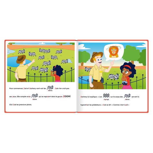 Pages intérieures illustrées de « Zoé visite le zoo », avec pictogrammes intégrés au texte